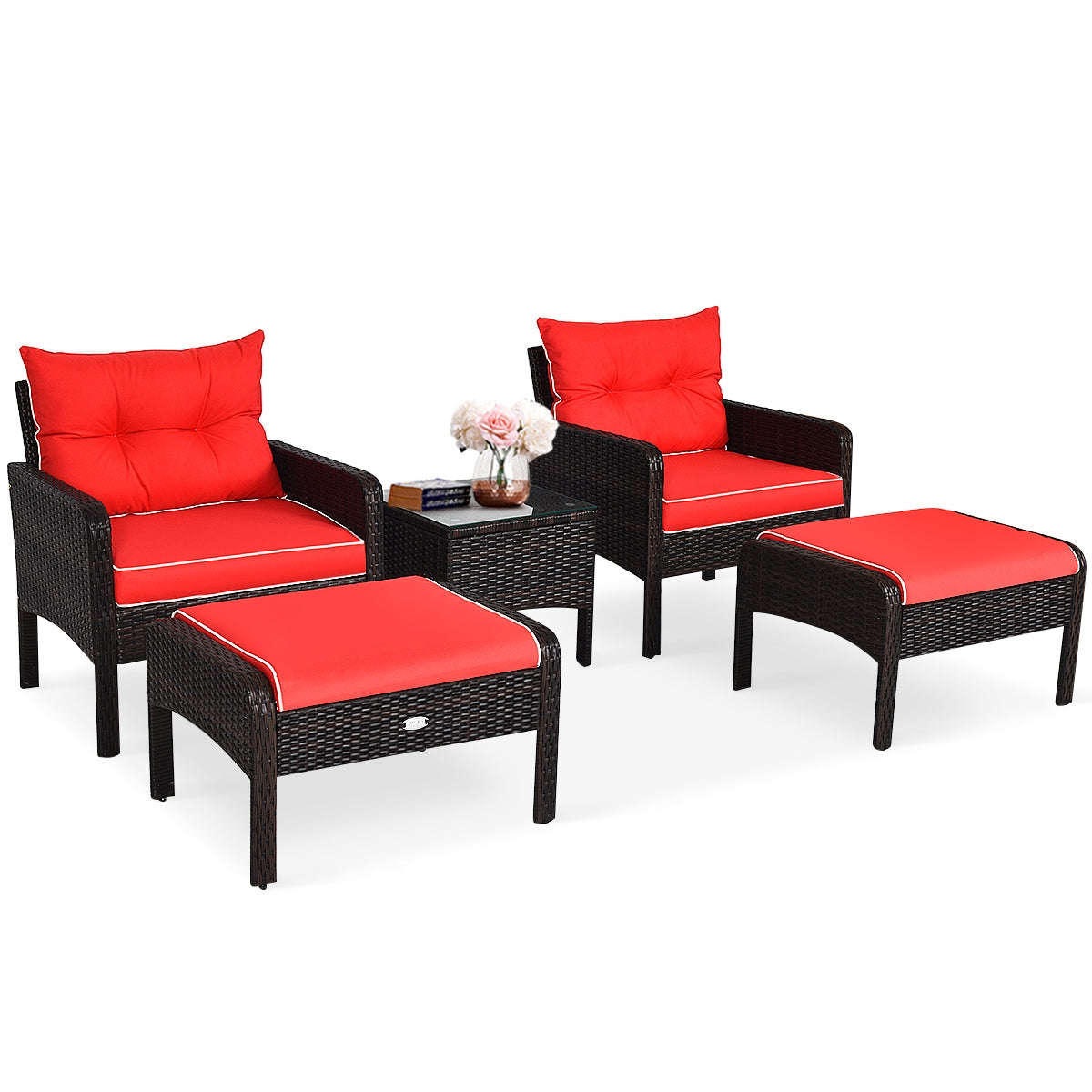 5 Pcs Patio Rattan Sofa Ottoman Furniture Set with Cushions-Red
