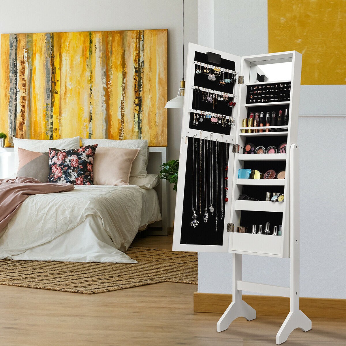Mirrored Jewelry Cabinet Armoire Organizer w/ LED lights-White
