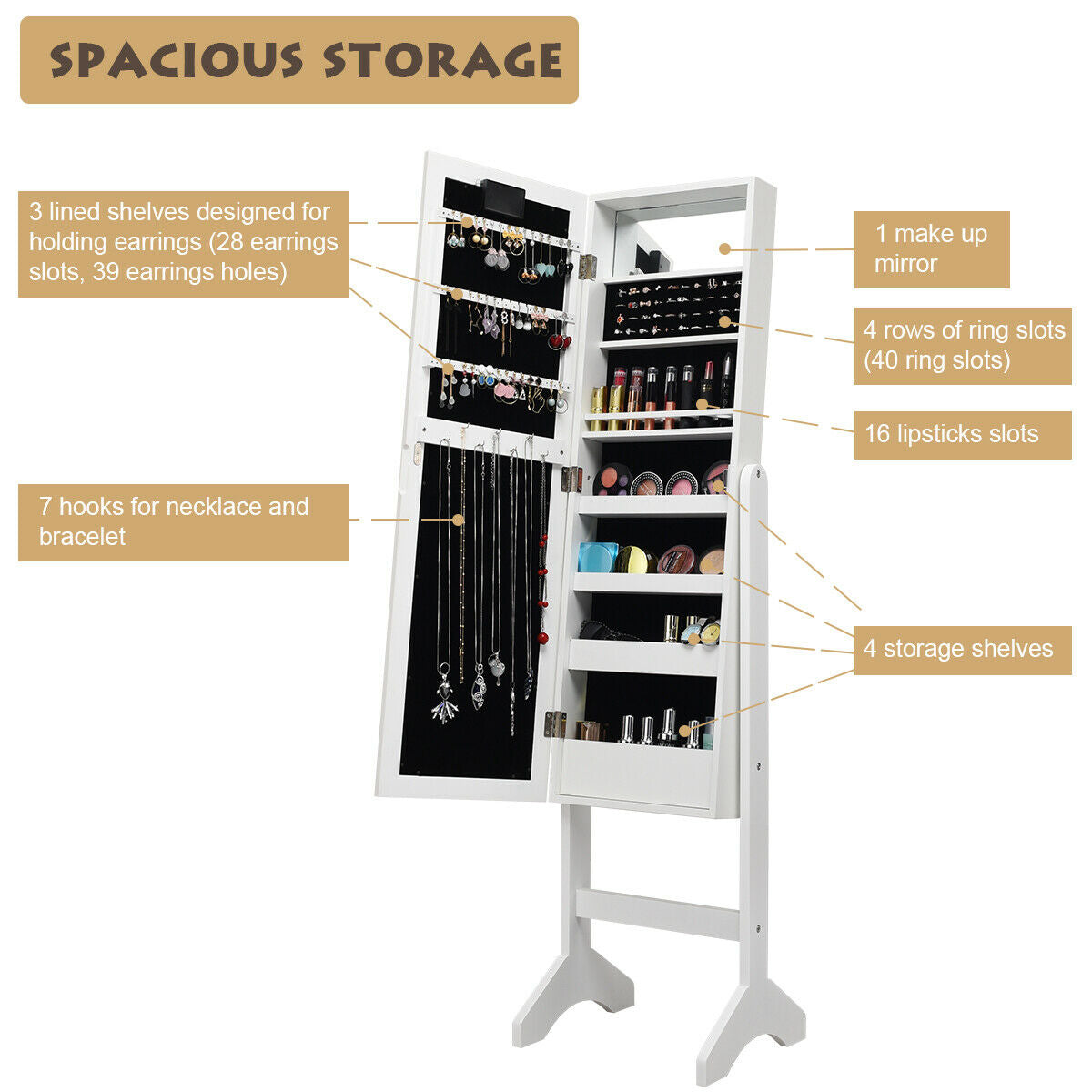 Mirrored Jewelry Cabinet Armoire Organizer w/ LED lights-White