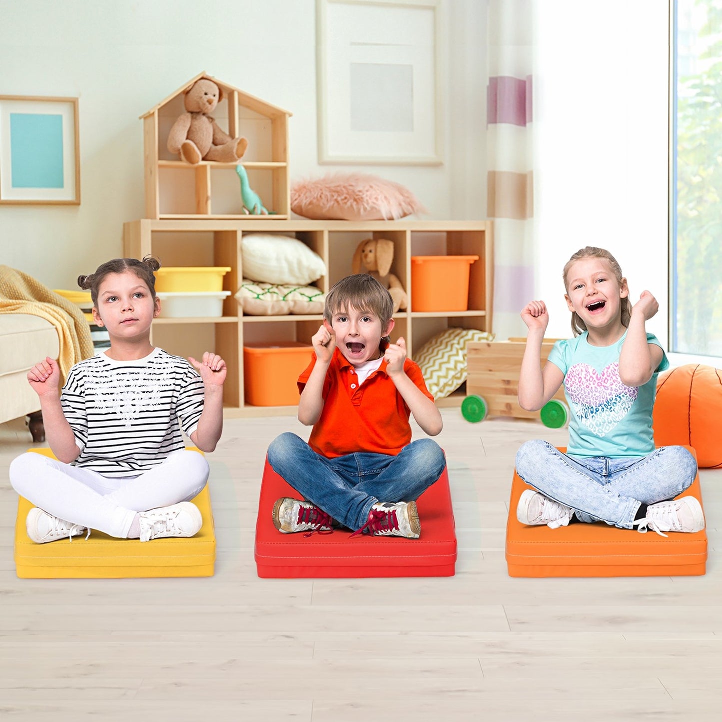 6 Pieces 15 Inches Square Toddler Floor Cushions Flexible Soft Foam Seating with Handles-Blue