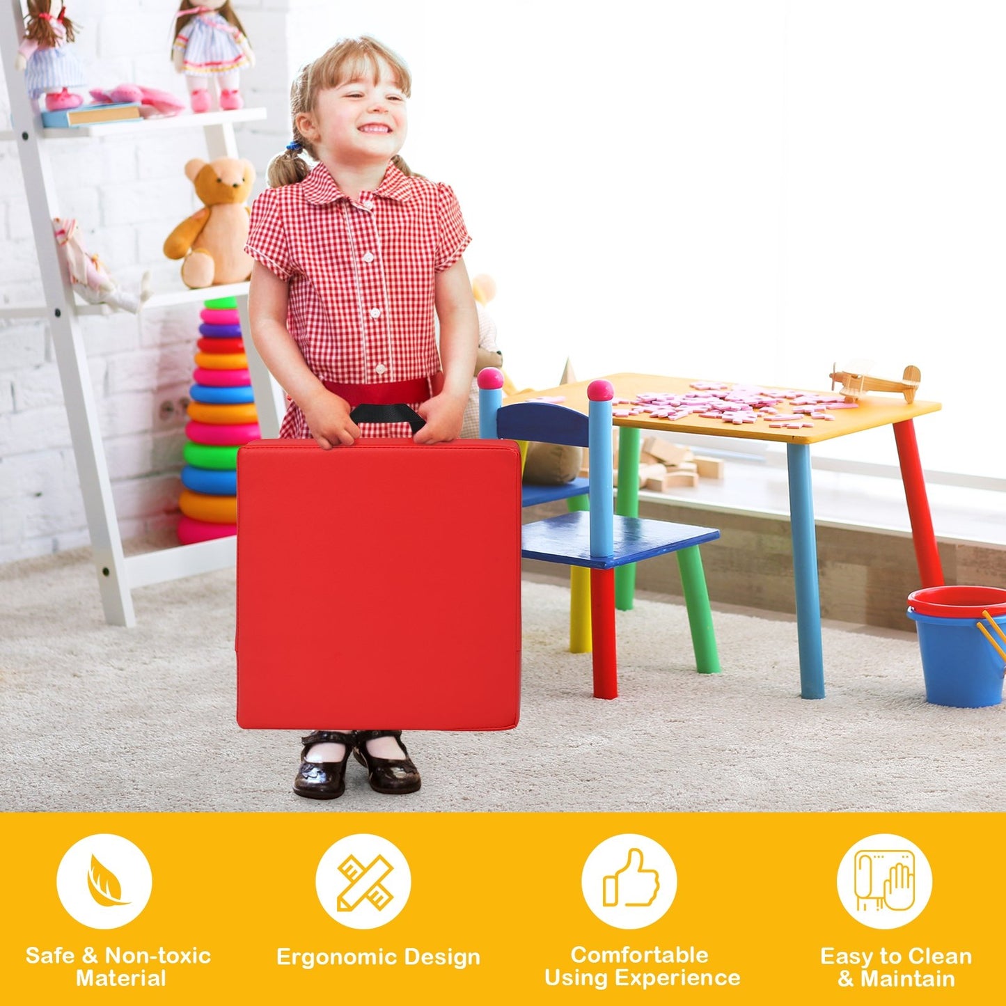 6 Pieces 15 Inches Square Toddler Floor Cushions Flexible Soft Foam Seating with Handles-Blue