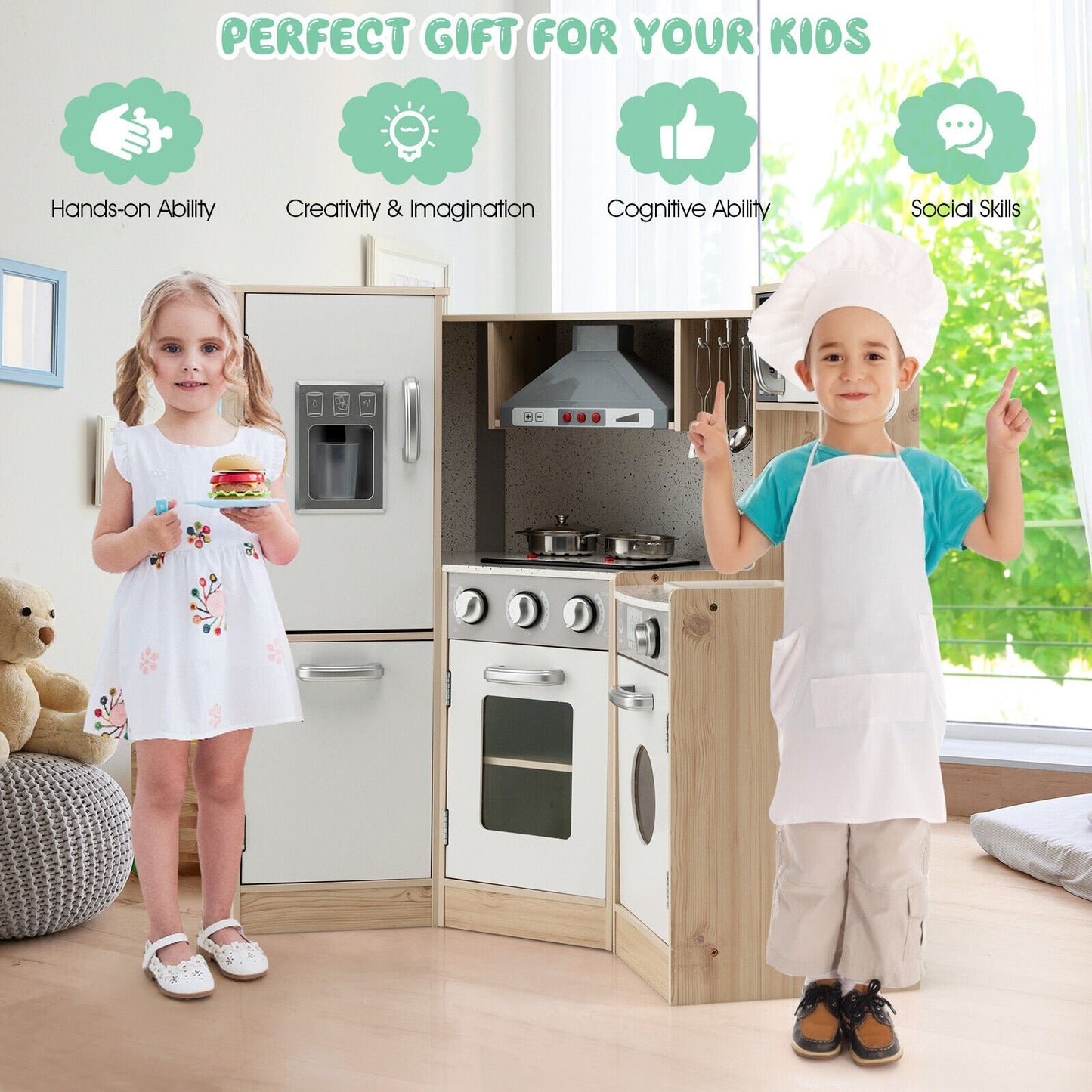 Kids Corner Wooden Kitchen Playset with Cookware Accessories