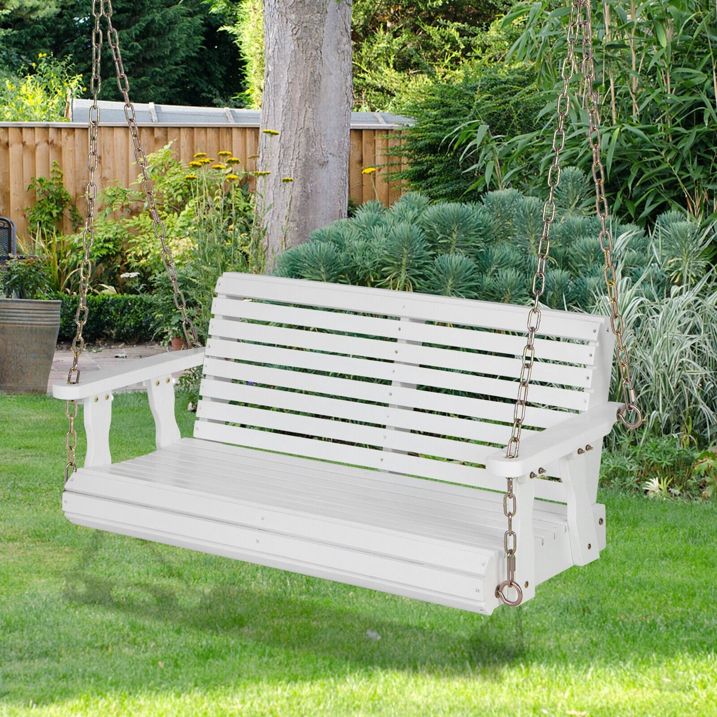 2-Person Wooden Porch Swing with Hanging Chains for Garden Yard-Orange