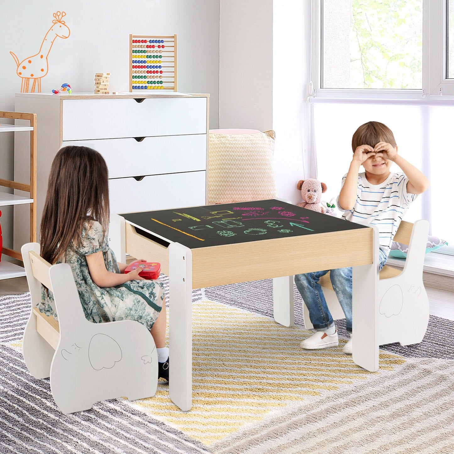 4-in-1 Wooden Activity Kids Table and Chairs with Storage and Detachable Blackboard-Gray