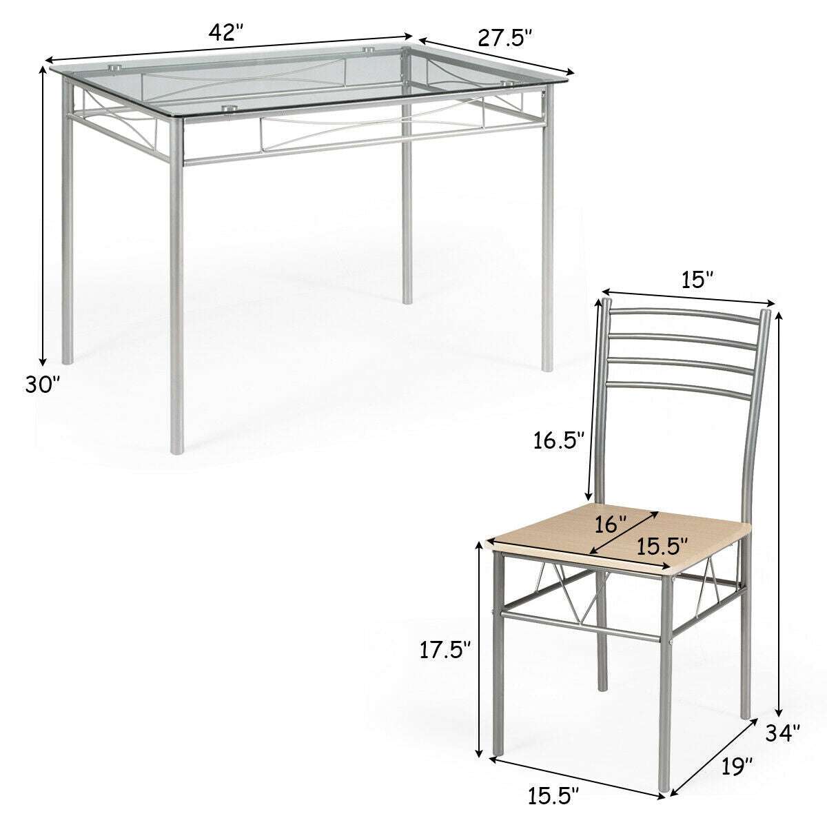 5 Pieces Dining Set Glass Table and 4 Chairs - Direct by Wilsons Home Store