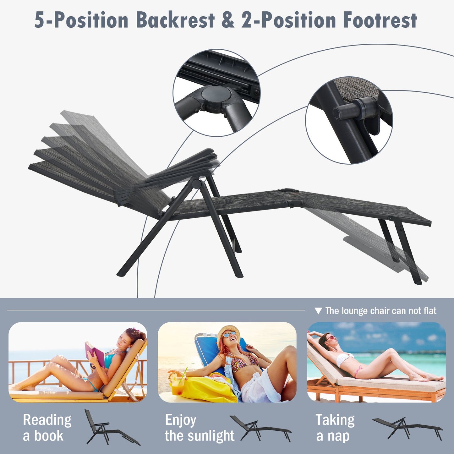 Patio Foldable Chaise Lounge Chair with Backrest and Footrest-Black