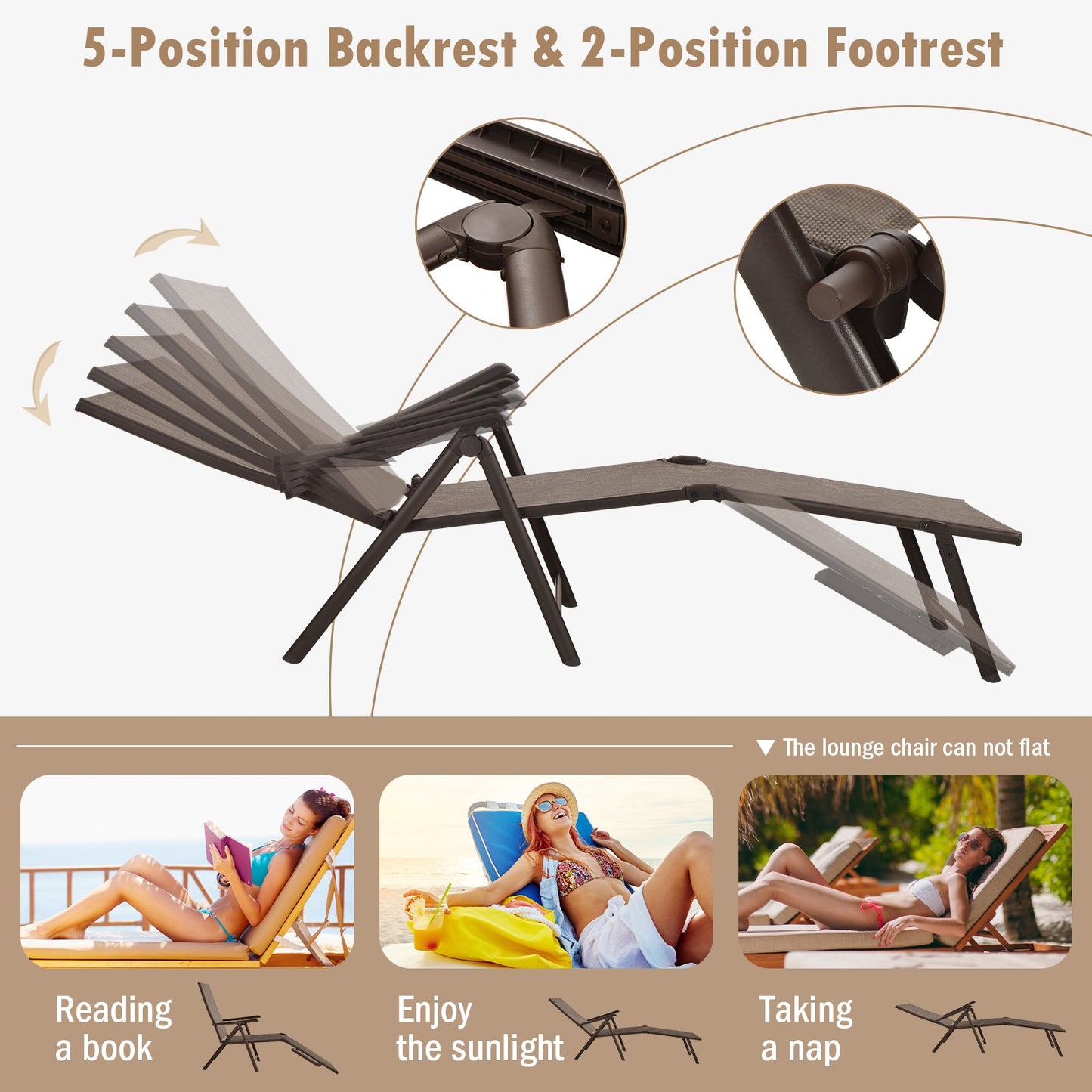 Patio Foldable Chaise Lounge Chair with Backrest and Footrest-Black