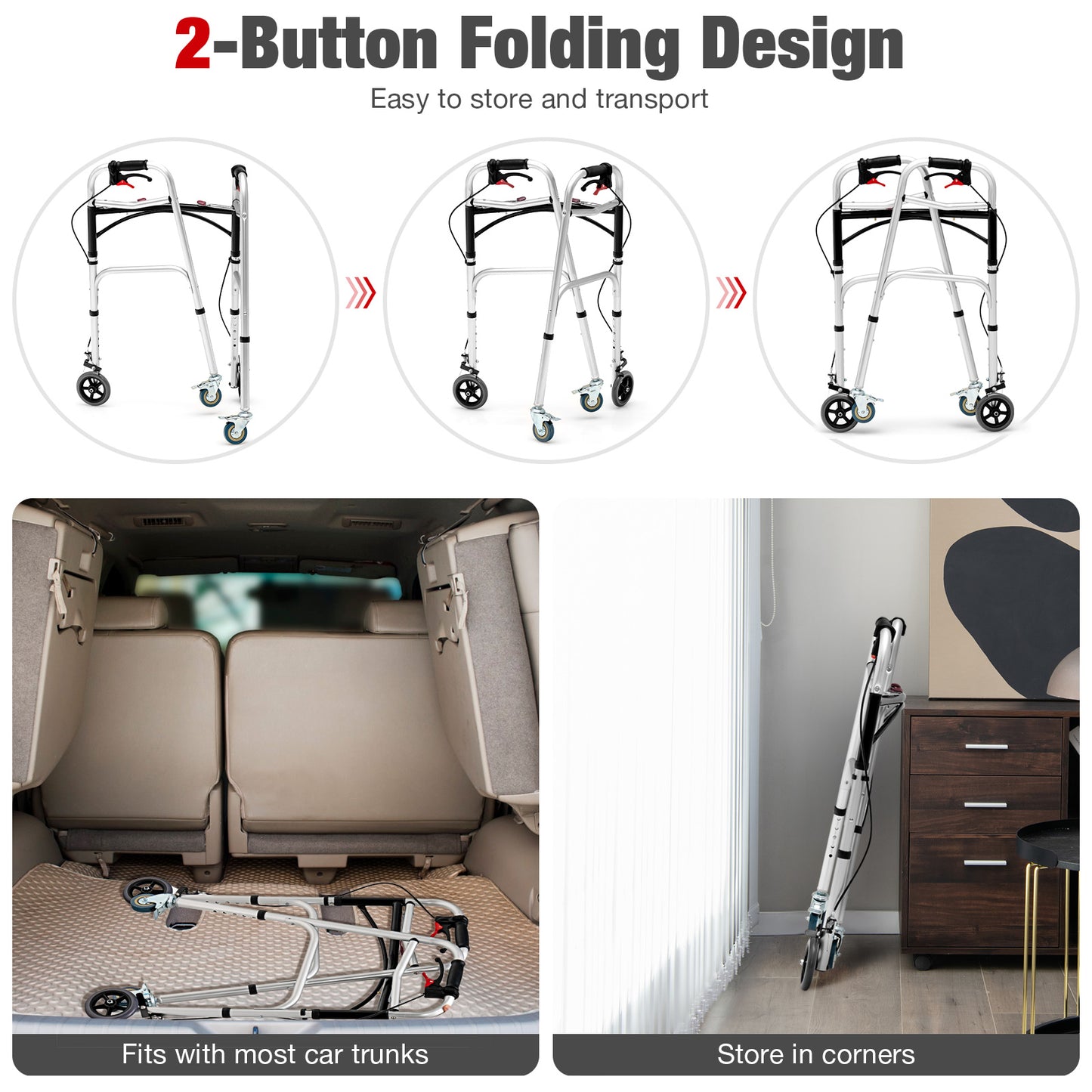 Height Adjustable Aluminum Walker with Rolling Wheels and Brakes