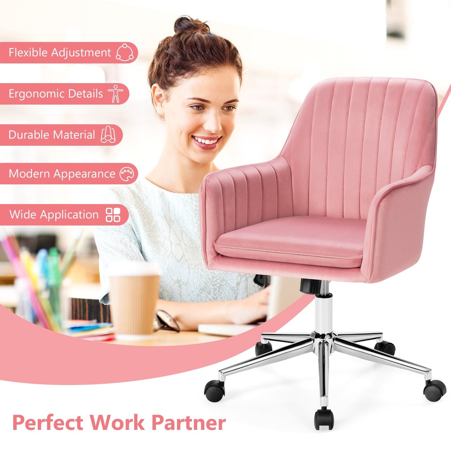 Velvet Accent Office Armchair with Adjustable Swivel and Removable Cushion-Blue