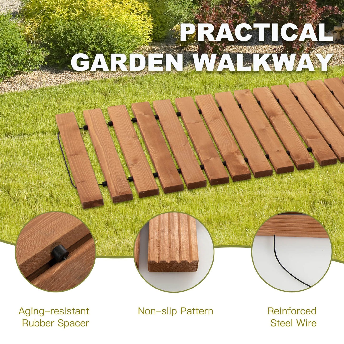 8 Feet Roll-out Weather-Resistant Patio Hardwood Pathway-22 Inch