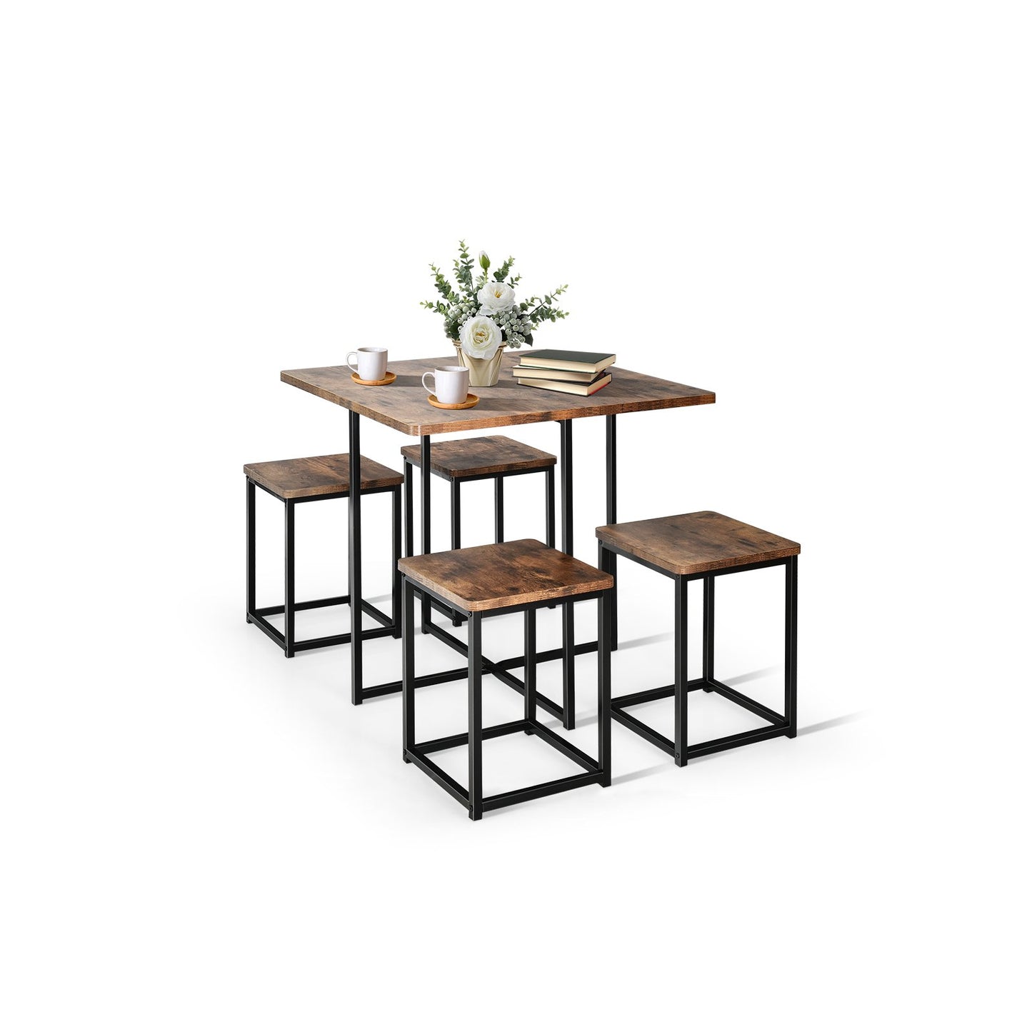 5 Pieces Metal Frame Dining Set with Compact Dining Table and 4 Stools-Natural