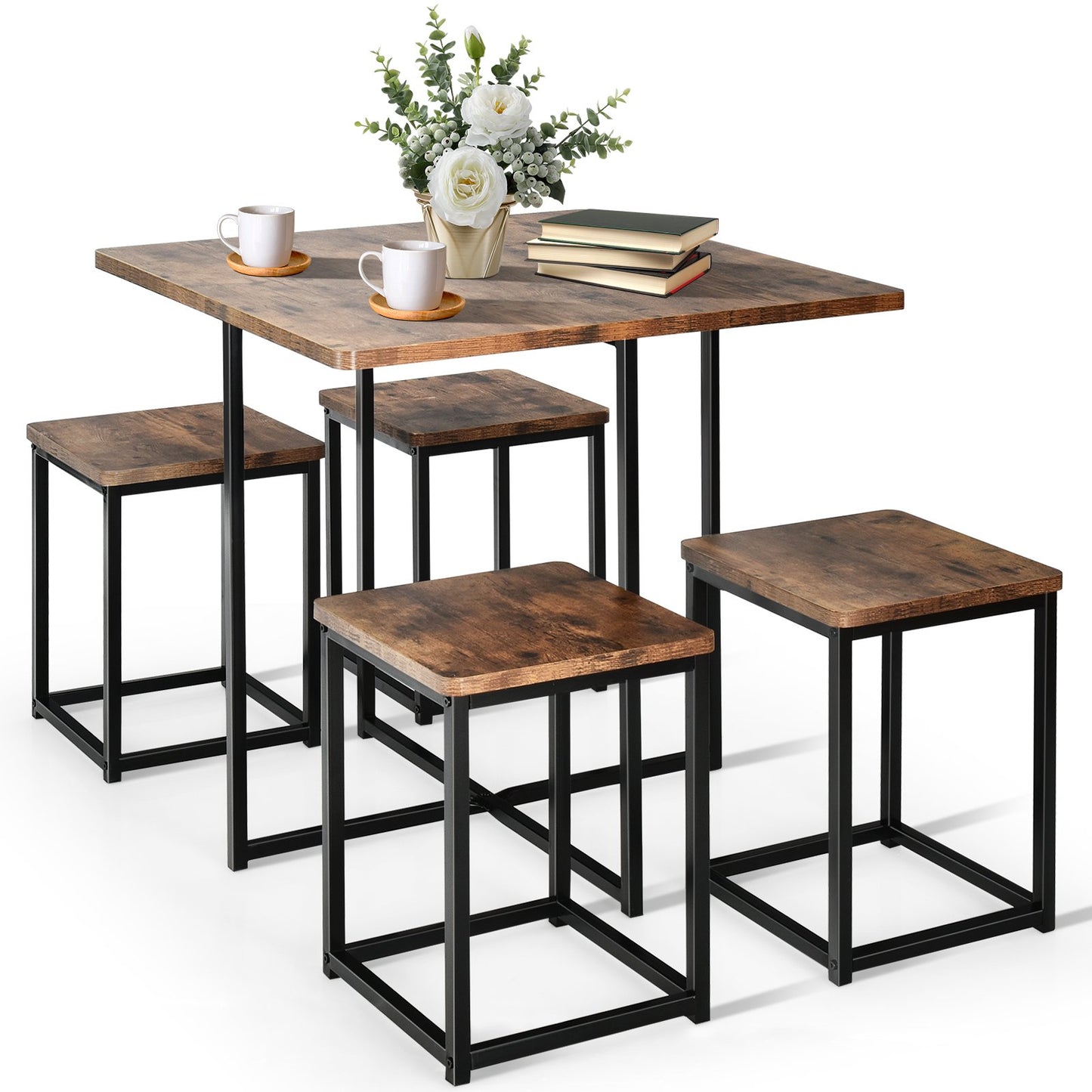 5 Pieces Metal Frame Dining Set with Compact Dining Table and 4 Stools-Natural