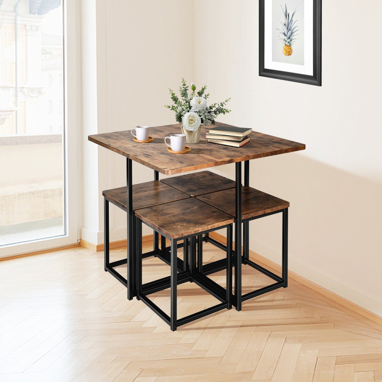 5 Pieces Metal Frame Dining Set with Compact Dining Table and 4 Stools-Natural