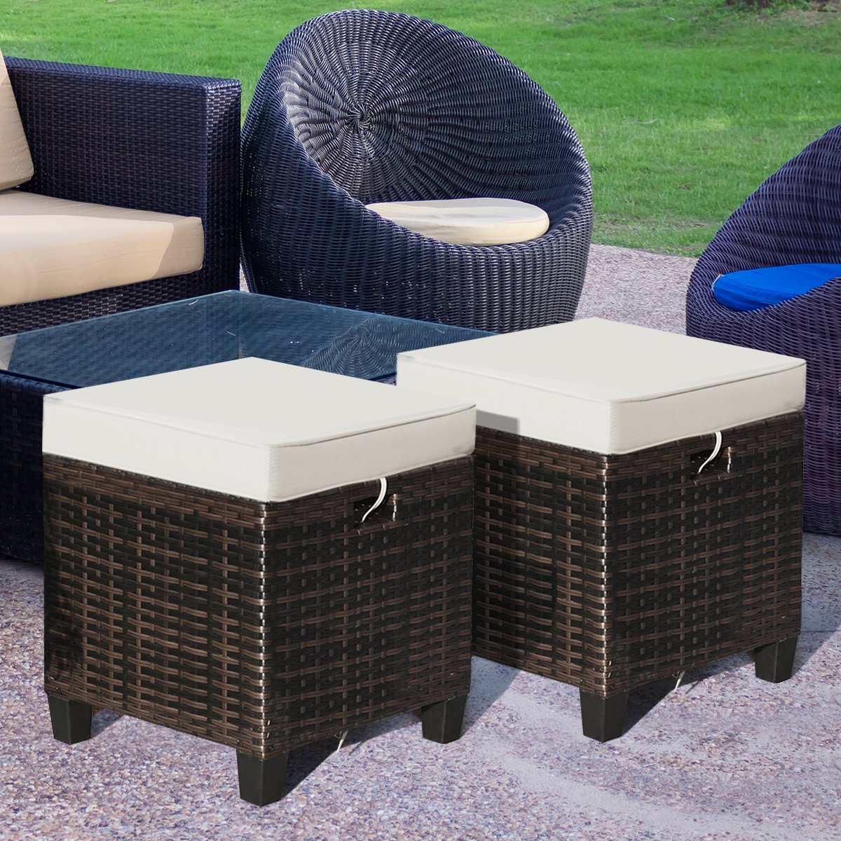2 Pcs Patio Rattan Ottoman Cushioned Seat Foot Rest-Beige