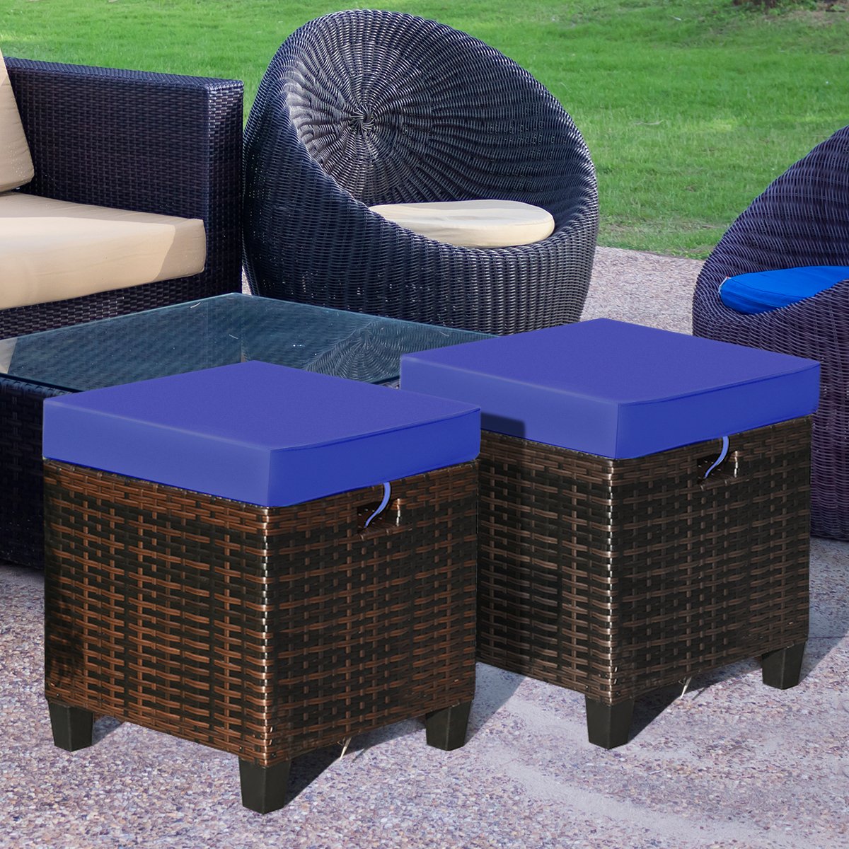 2 Pcs Patio Rattan Ottoman Cushioned Seat Foot Rest-Beige