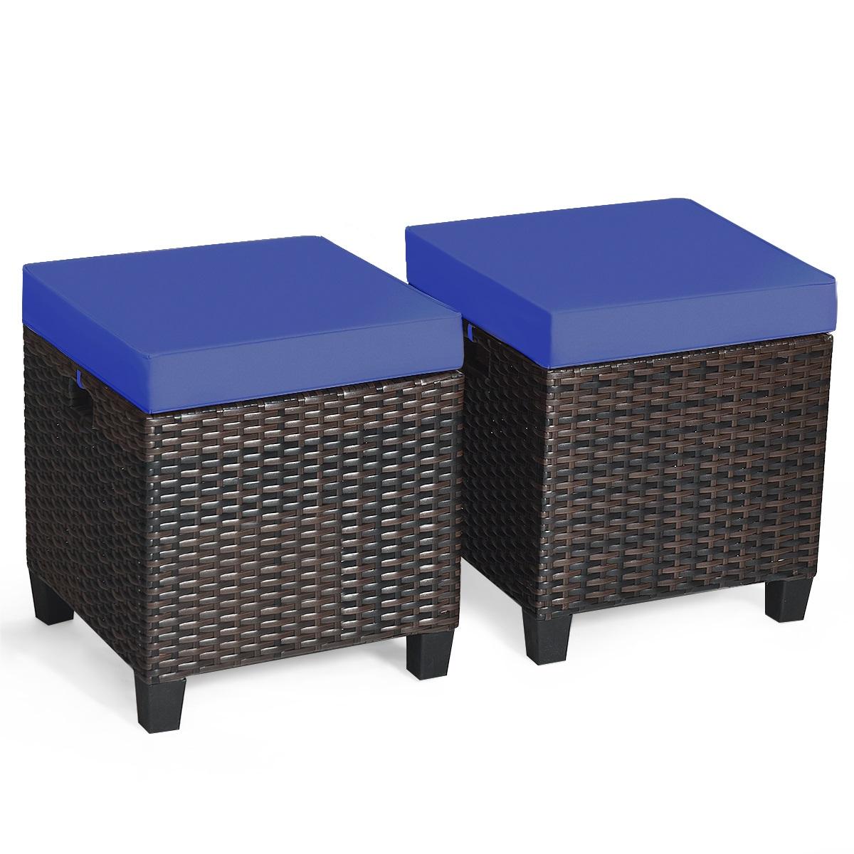 2 Pcs Patio Rattan Ottoman Cushioned Seat Foot Rest-Beige