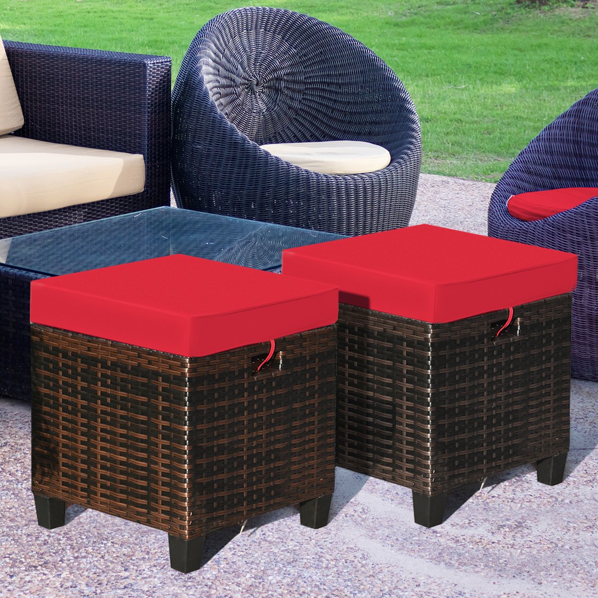 2 Pcs Patio Rattan Ottoman Cushioned Seat Foot Rest-Beige