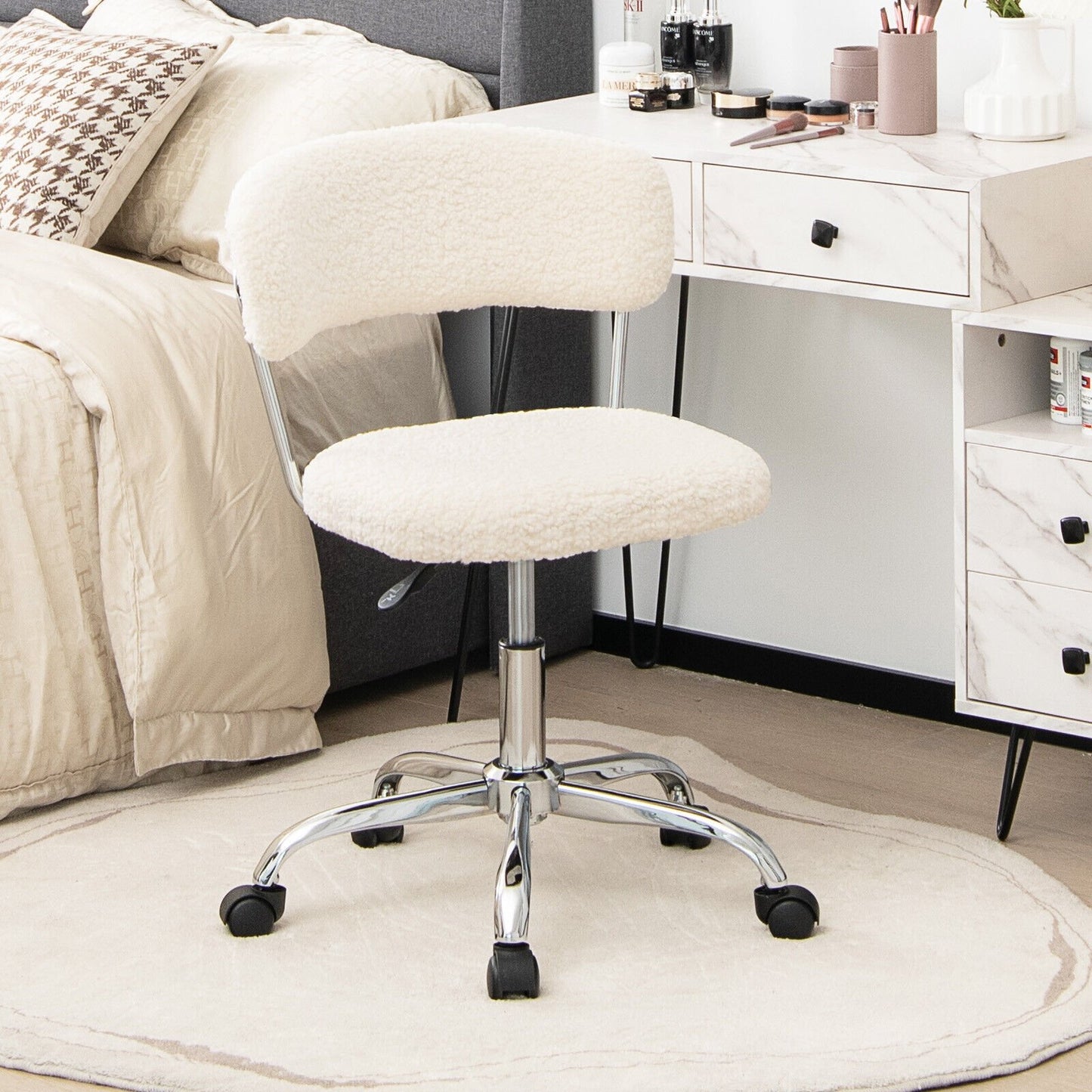 Computer Desk Chair Adjustable Sherpa Office Chair Swivel Vanity Chair-Gray