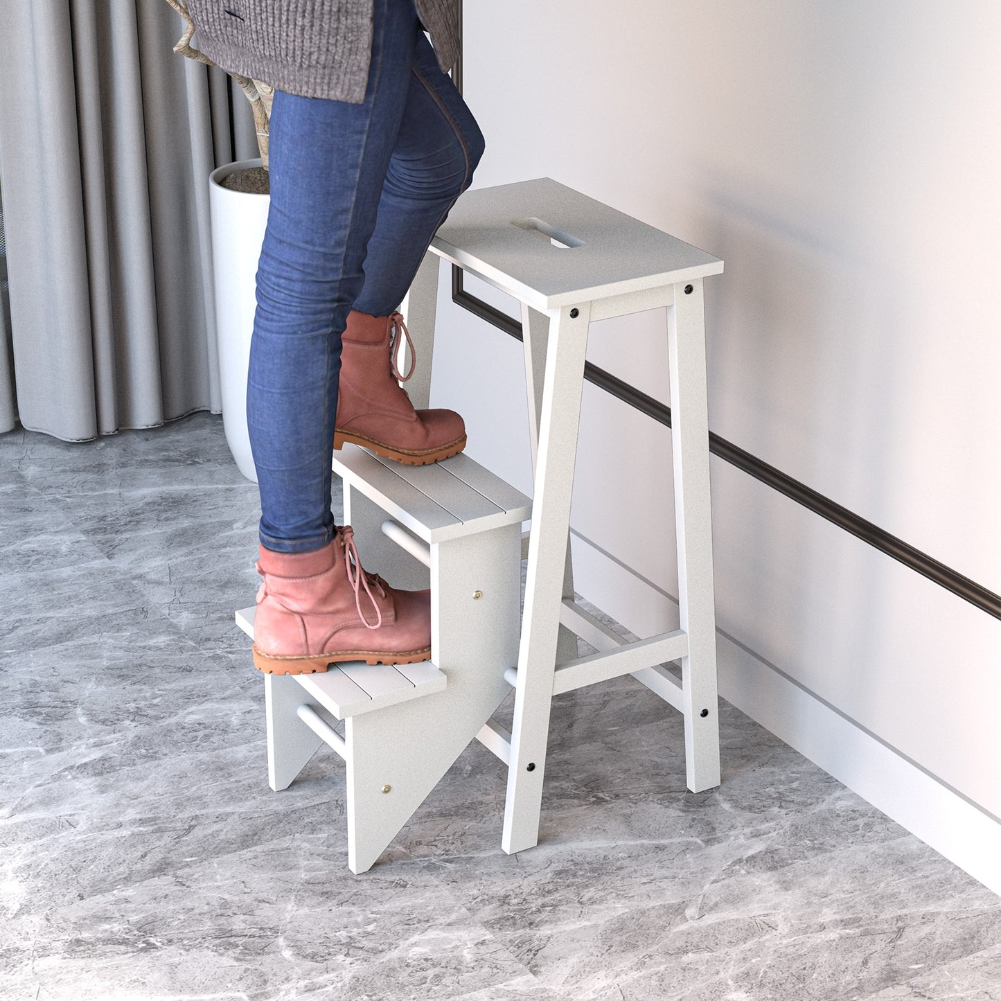 3-Tier Step Stool 3 in 1 Folding Ladder Bench-White