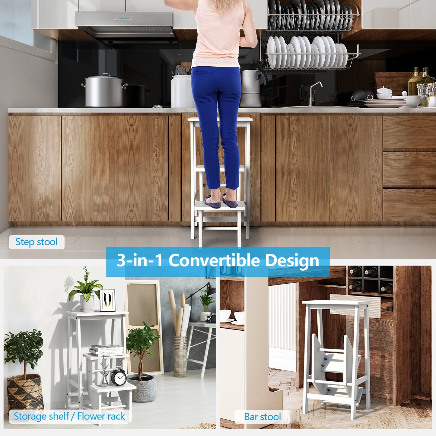 3-Tier Step Stool 3 in 1 Folding Ladder Bench-White