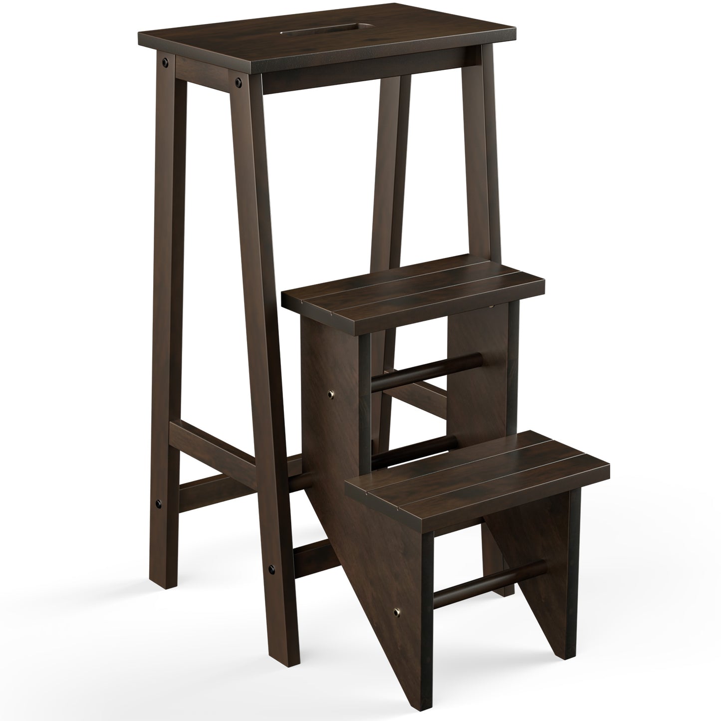 3-in-1 Rubber Wood 3 Tier Folding Step Stool Ladder Storage Shelf-Dark Brown