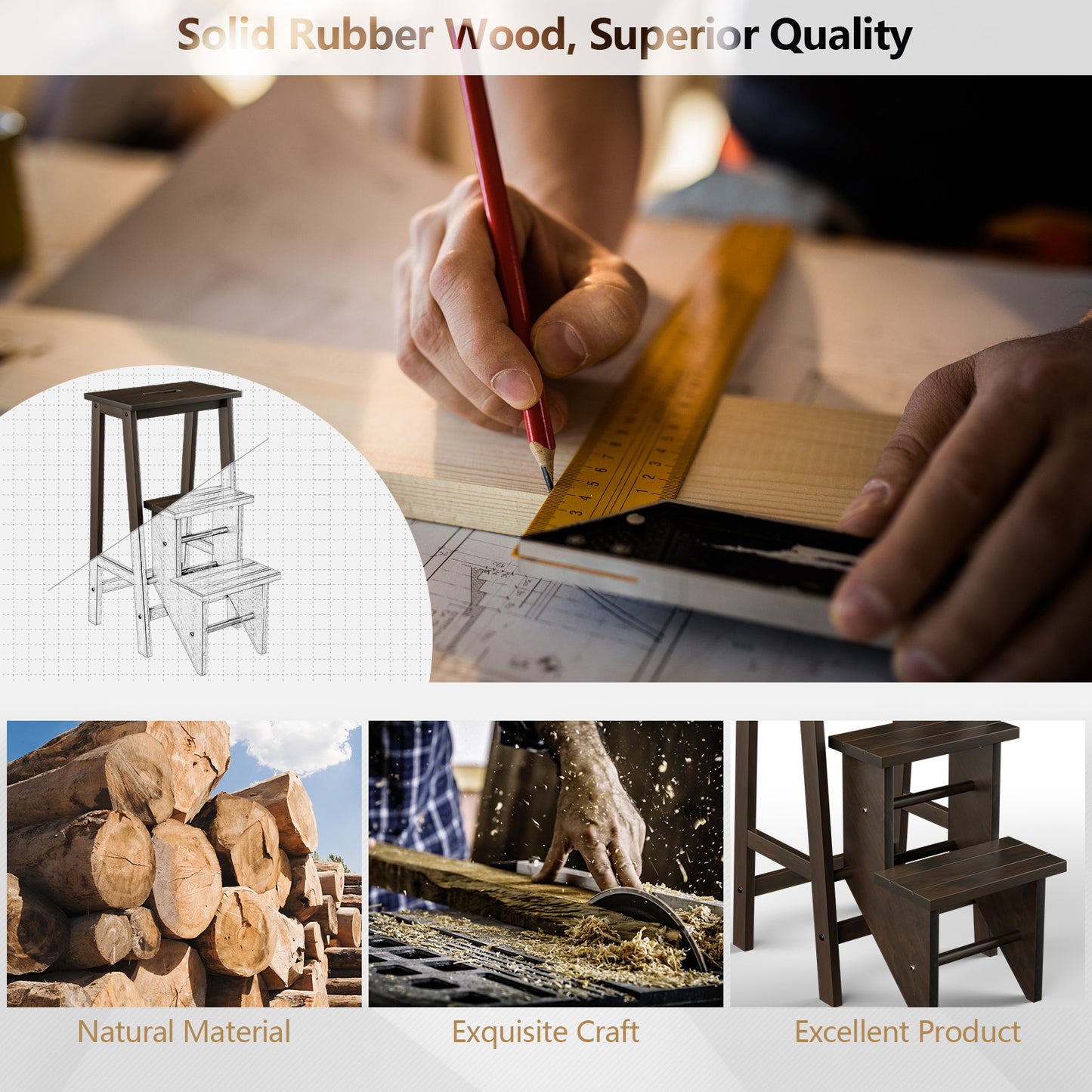 3-in-1 Rubber Wood 3 Tier Folding Step Stool Ladder Storage Shelf-Dark Brown