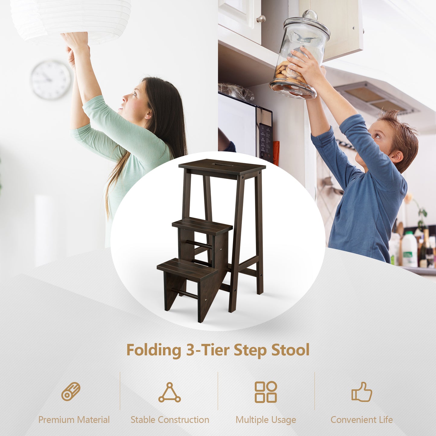 3-in-1 Rubber Wood 3 Tier Folding Step Stool Ladder Storage Shelf-Dark Brown