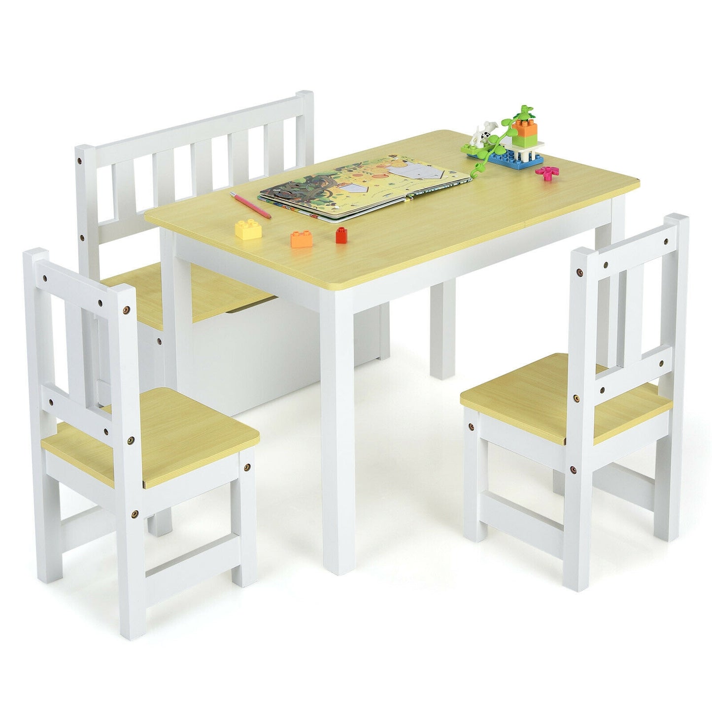 4 Pieces Kids Wooden Activity Table and Chairs Set with Storage Bench and Study Desk-Natural
