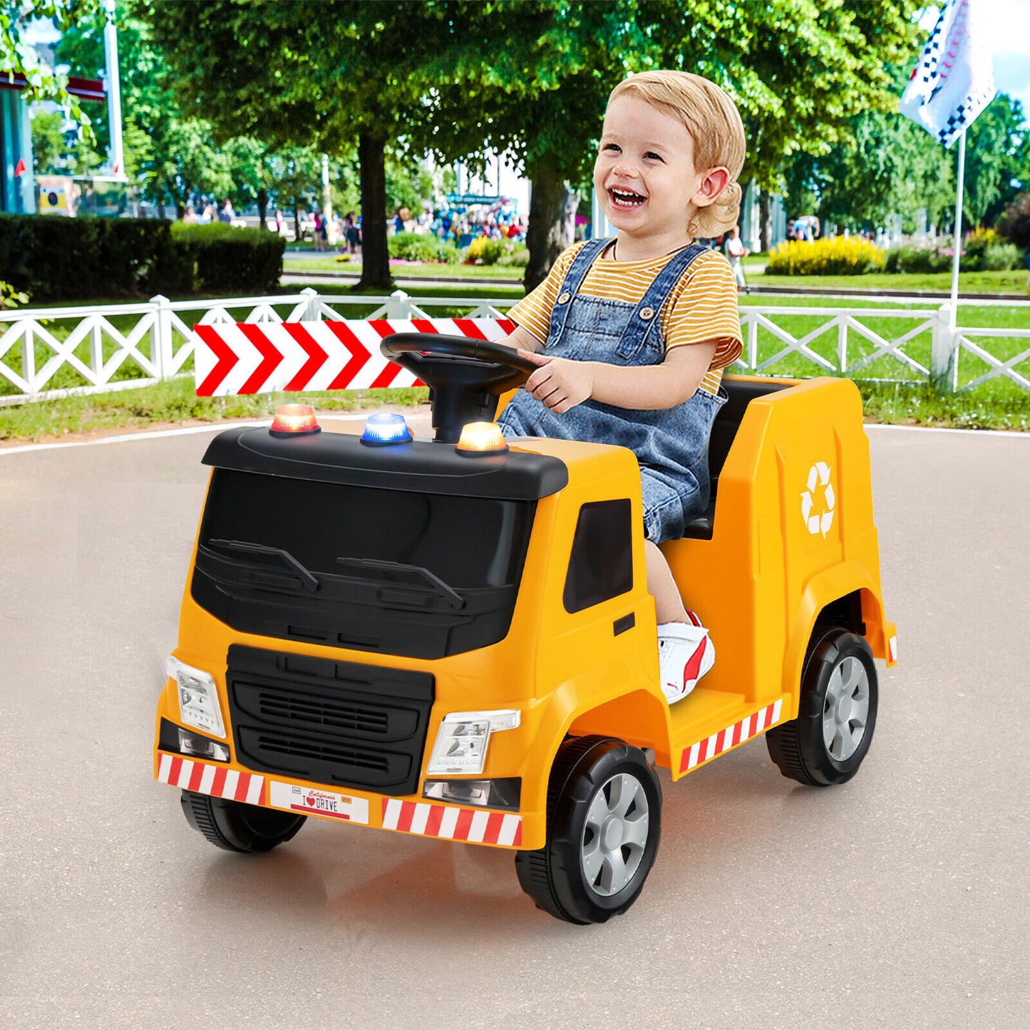 12V Kids Ride-on Garbage Truck with Warning Lights and 6 Recycling Accessories-Yellow