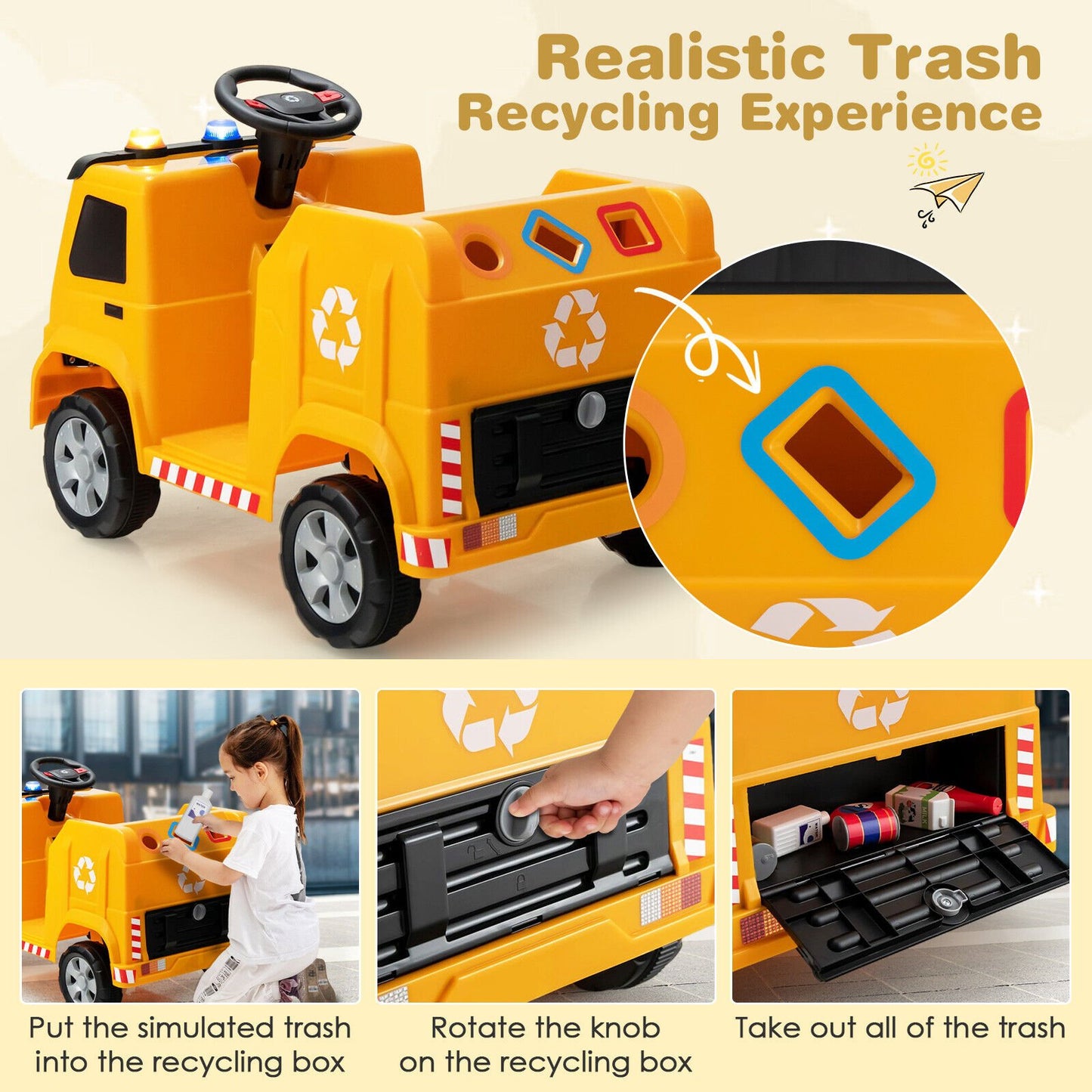 12V Kids Ride-on Garbage Truck with Warning Lights and 6 Recycling Accessories-Blue
