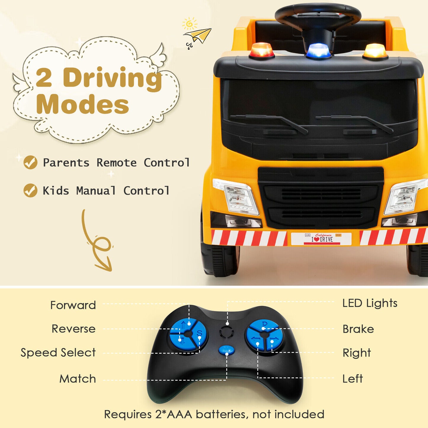 12V Kids Ride-on Garbage Truck with Warning Lights and 6 Recycling Accessories-Yellow