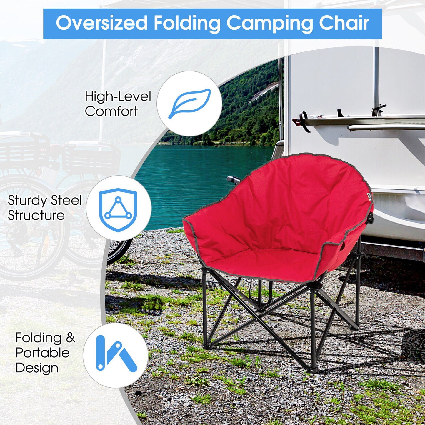 Folding Camping Moon Padded Chair with Carrying Bag-Black