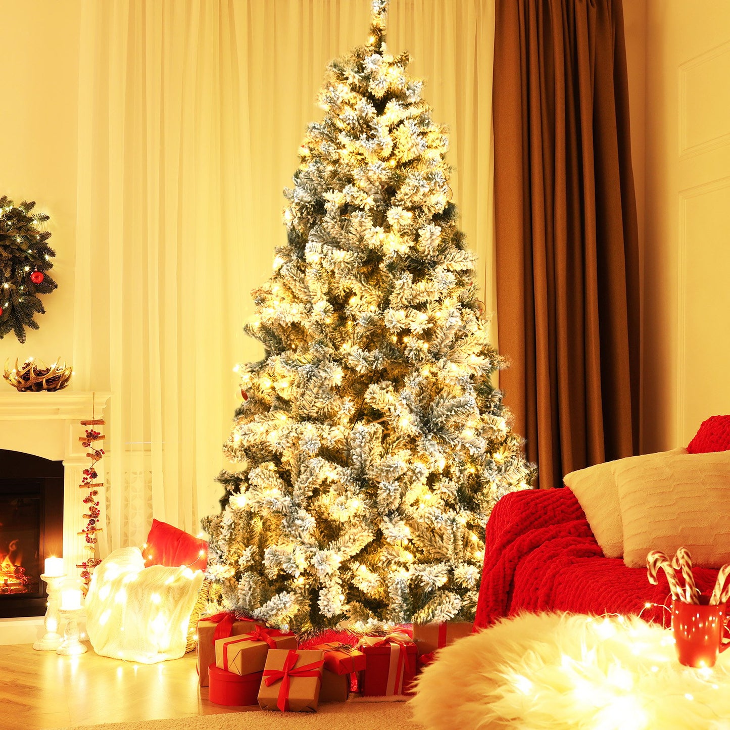 Pre-Lit Premium Snow Flocked Hinged Artificial Christmas Tree-9 ft