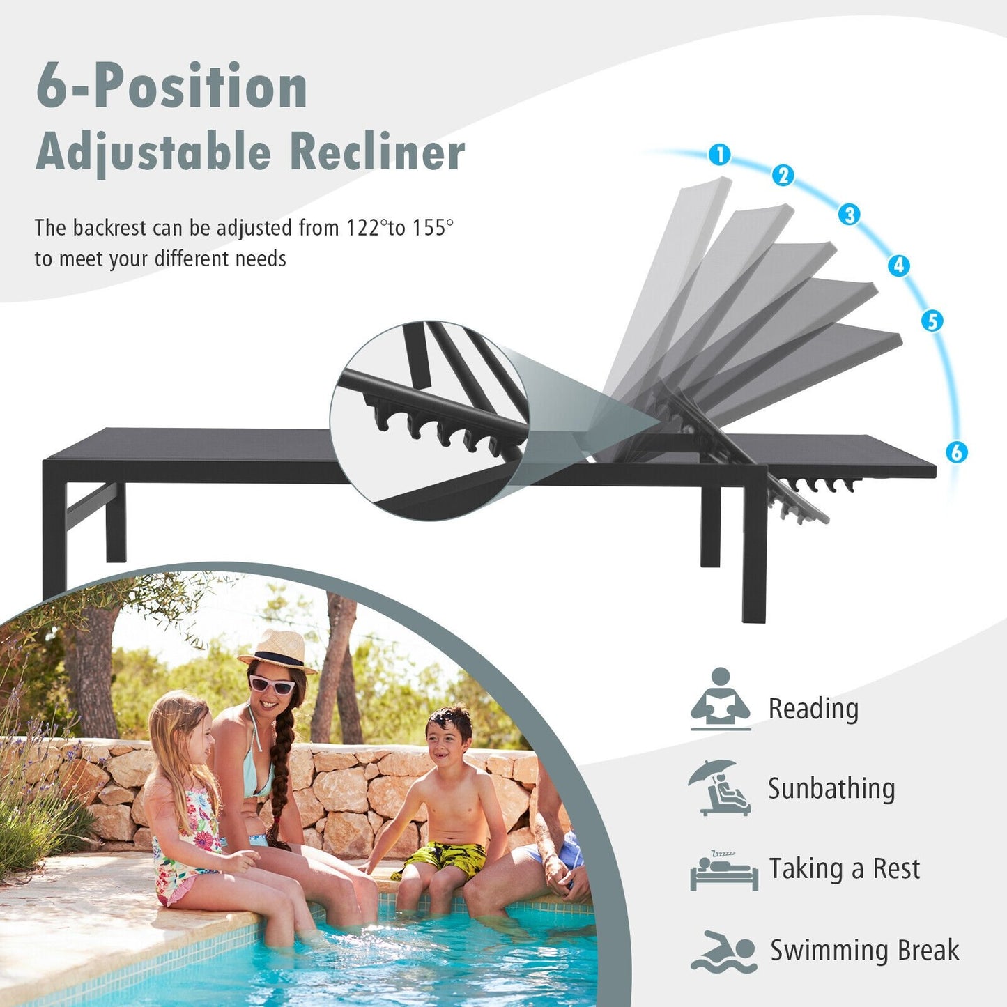 6-Position Chaise Lounge Chairs with Rustproof Aluminium Frame-Black