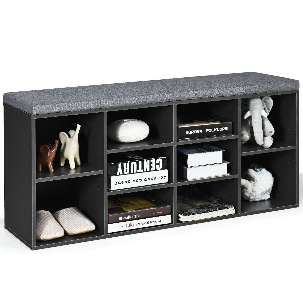 10-Cube Organizer Entryway Padded Shoe Storage Bench-Gray