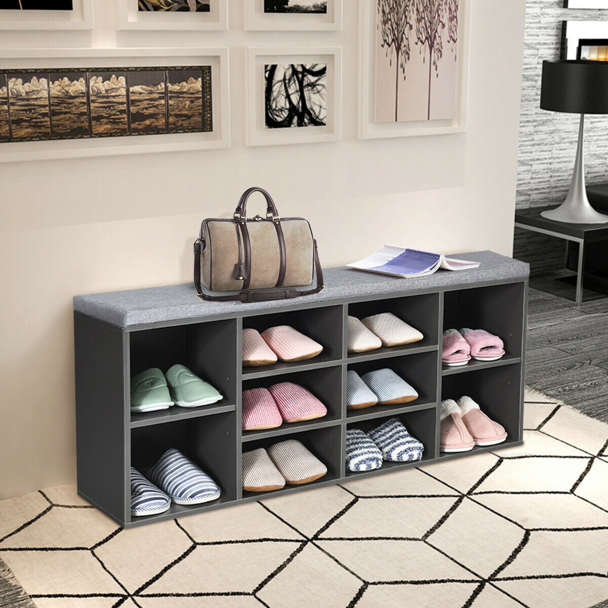 10-Cube Organizer Entryway Padded Shoe Storage Bench-Gray