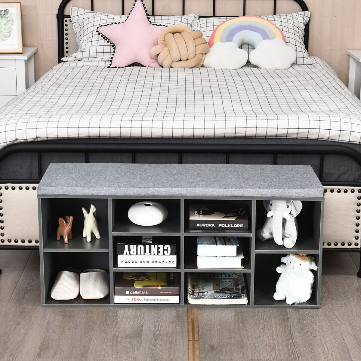10-Cube Organizer Entryway Padded Shoe Storage Bench-Gray