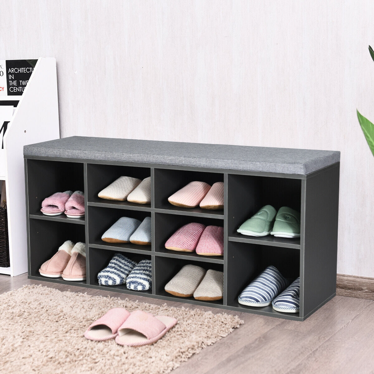 10-Cube Organizer Entryway Padded Shoe Storage Bench-Gray