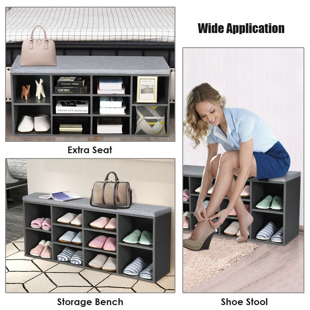 10-Cube Organizer Entryway Padded Shoe Storage Bench-Gray