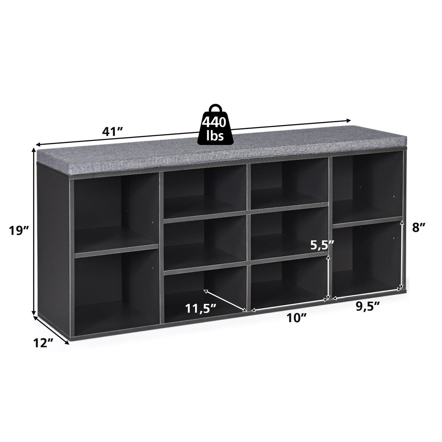 10-Cube Organizer Entryway Padded Shoe Storage Bench-Gray
