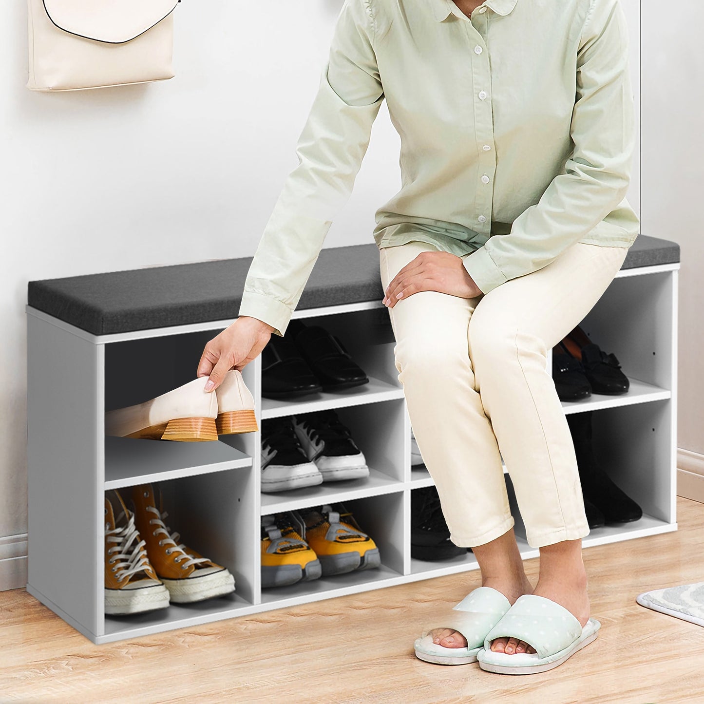 10-Cube Organizer Entryway Padded Shoe Storage Bench-White