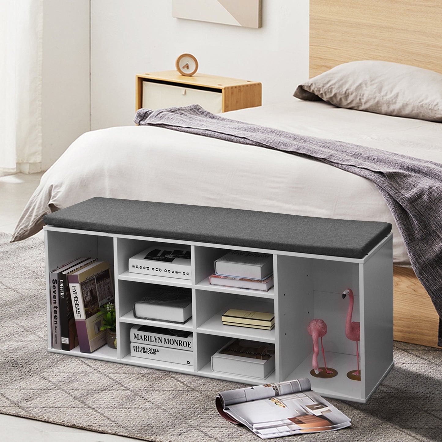10-Cube Organizer Entryway Padded Shoe Storage Bench-White