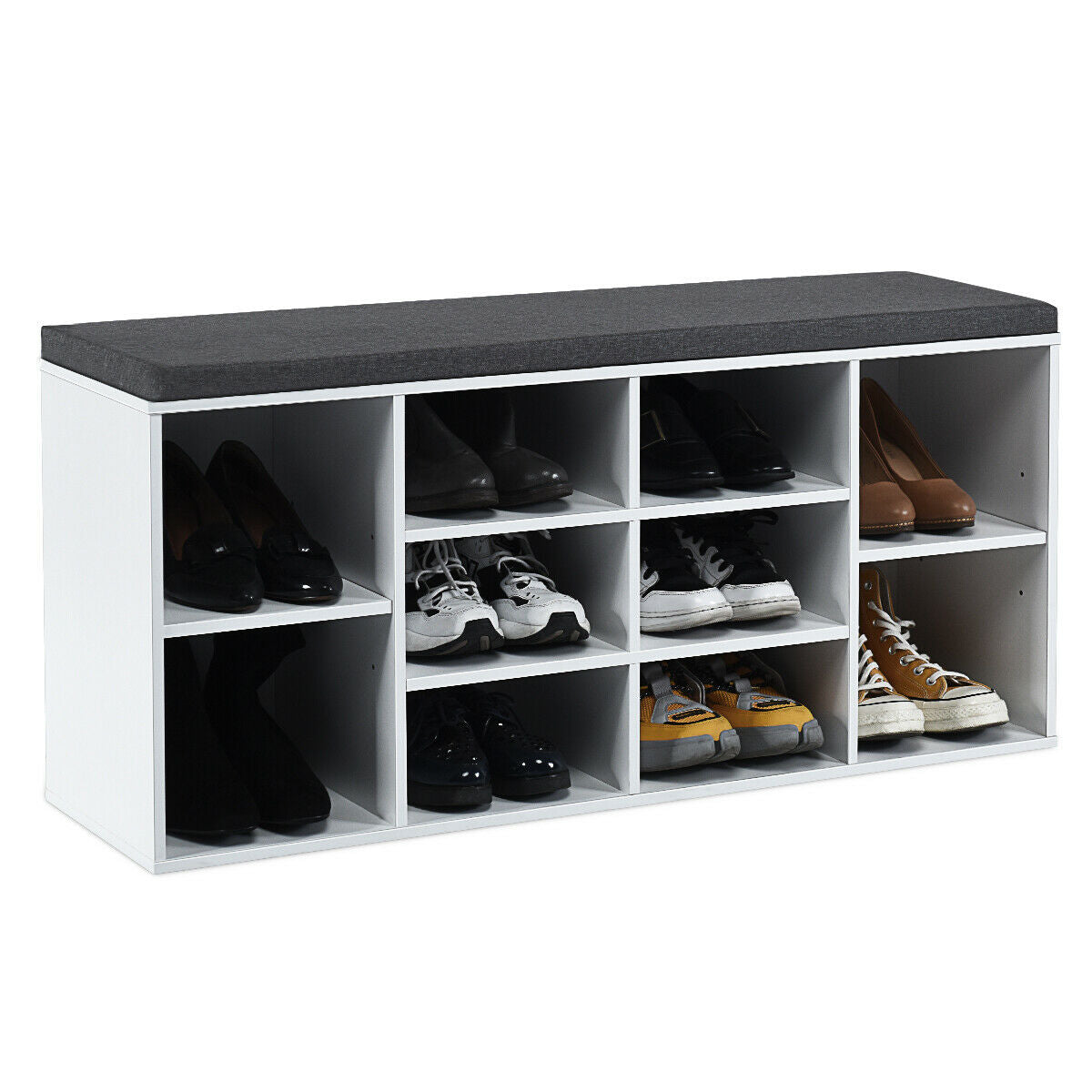 10-Cube Organizer Entryway Padded Shoe Storage Bench-White