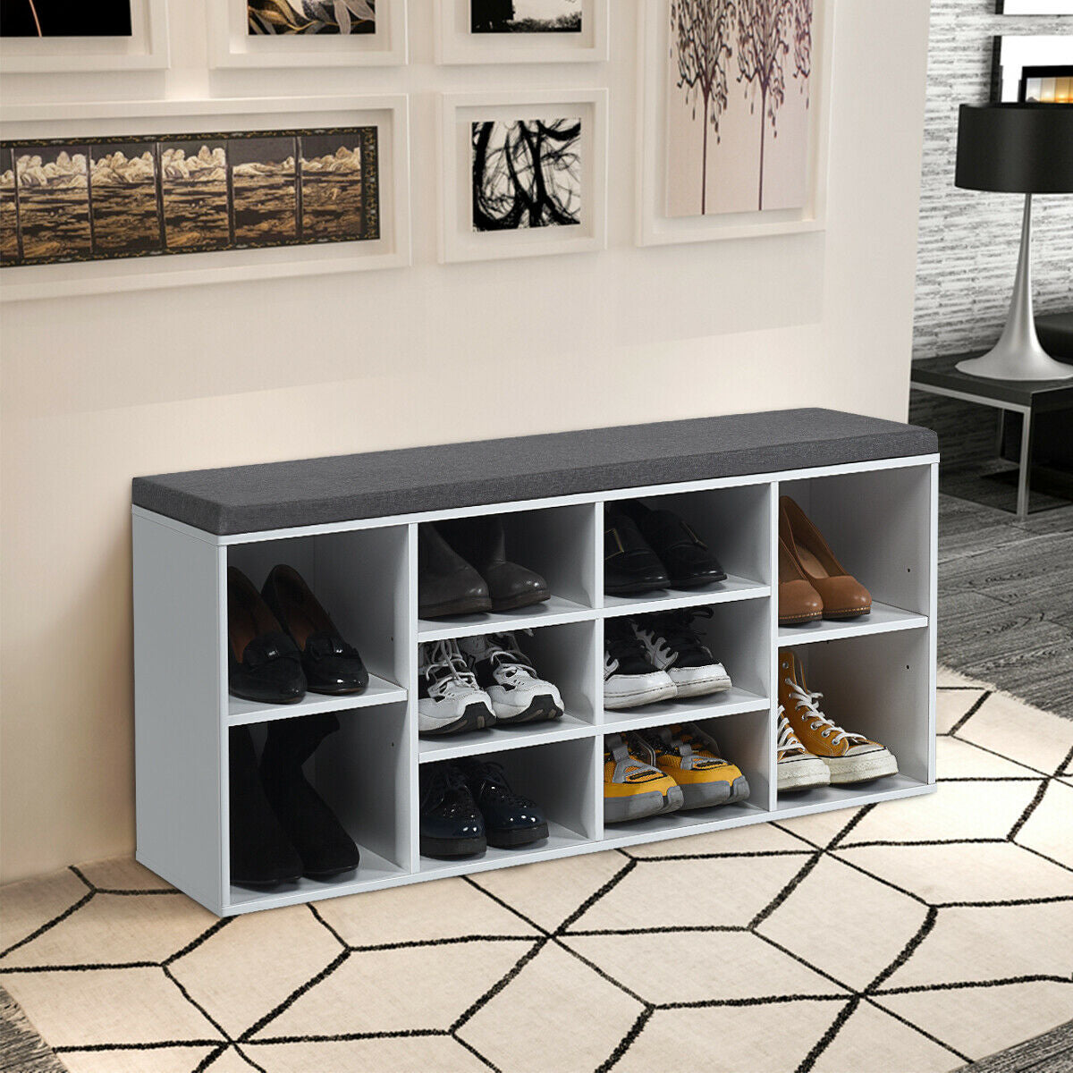 10-Cube Organizer Entryway Padded Shoe Storage Bench-White