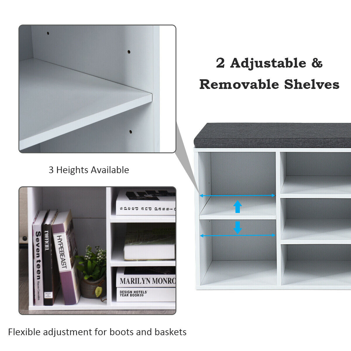 10-Cube Organizer Entryway Padded Shoe Storage Bench-White