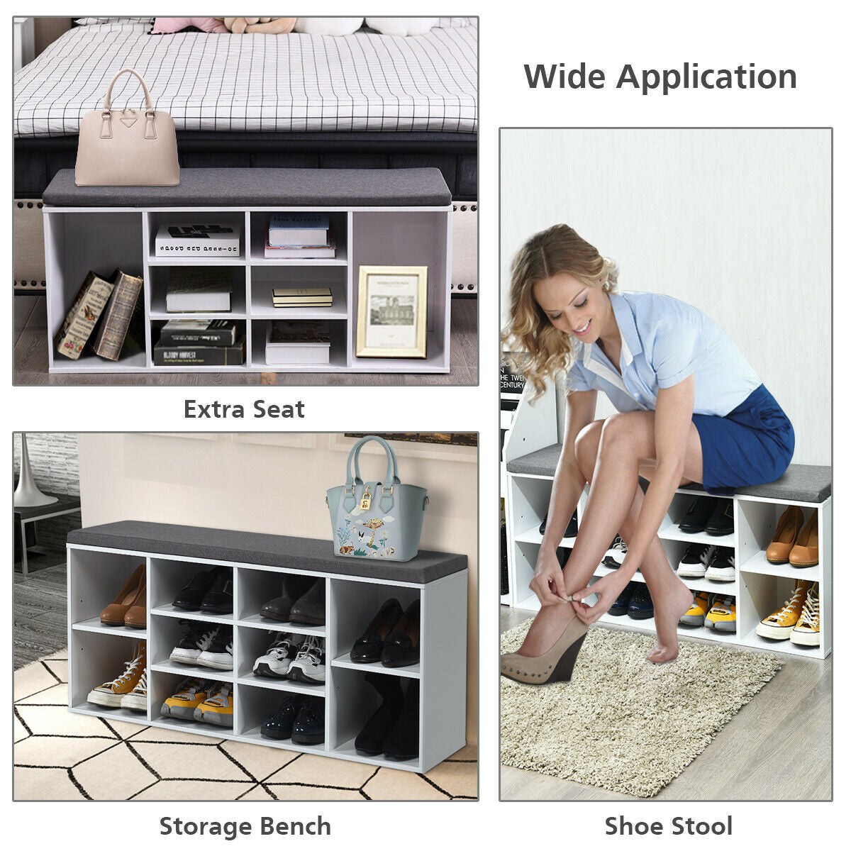 10-Cube Organizer Entryway Padded Shoe Storage Bench-White