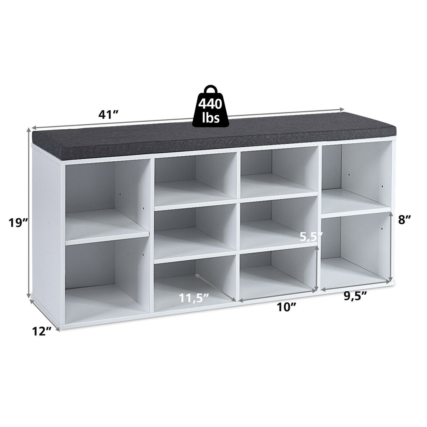 10-Cube Organizer Entryway Padded Shoe Storage Bench-White