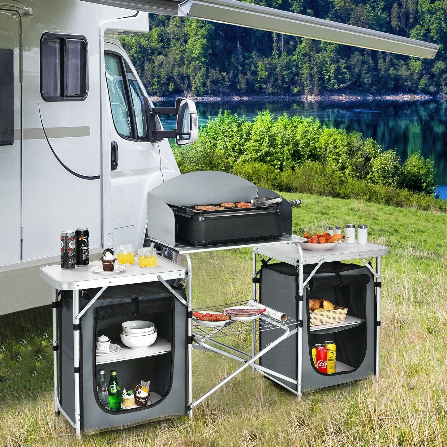 Folding Camping Table with Storage Organizer-Black