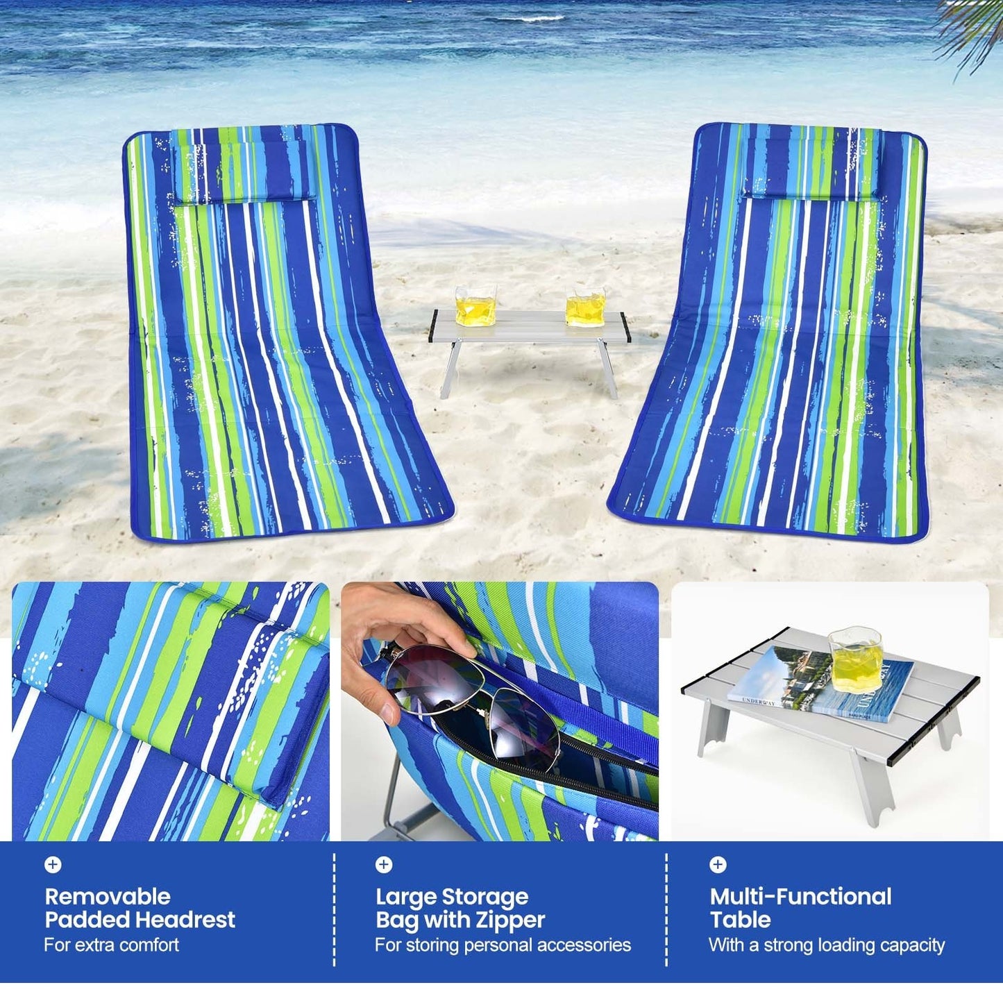 3 Pieces Beach Lounge Chair Mat Set 2 Adjustable Lounge Chairs with Table Stripe-Blue