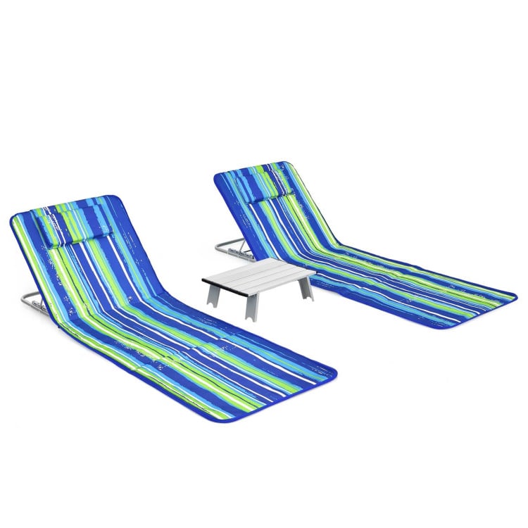 3 Pieces Beach Lounge Chair Mat Set 2 Adjustable Lounge Chairs with Table Stripe-Blue